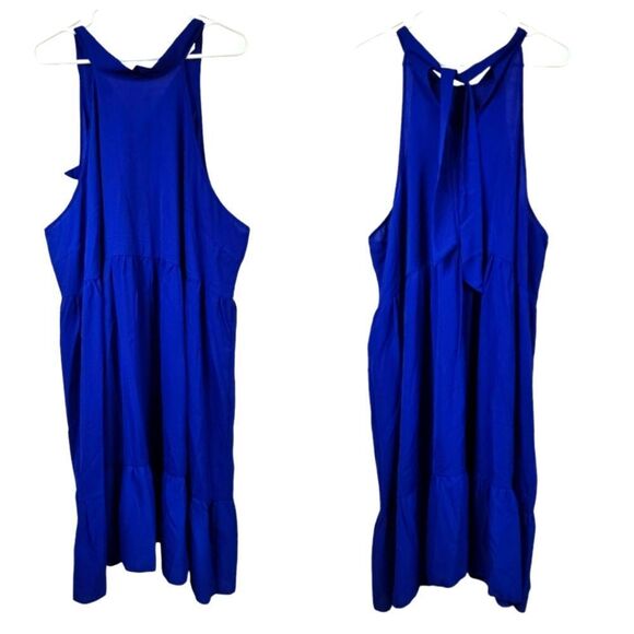 Solid Royal Blue Ruffle Hem Halter Dress Boho Bow Back Tiered Flounce Sleeveless - Picture 5 of 13